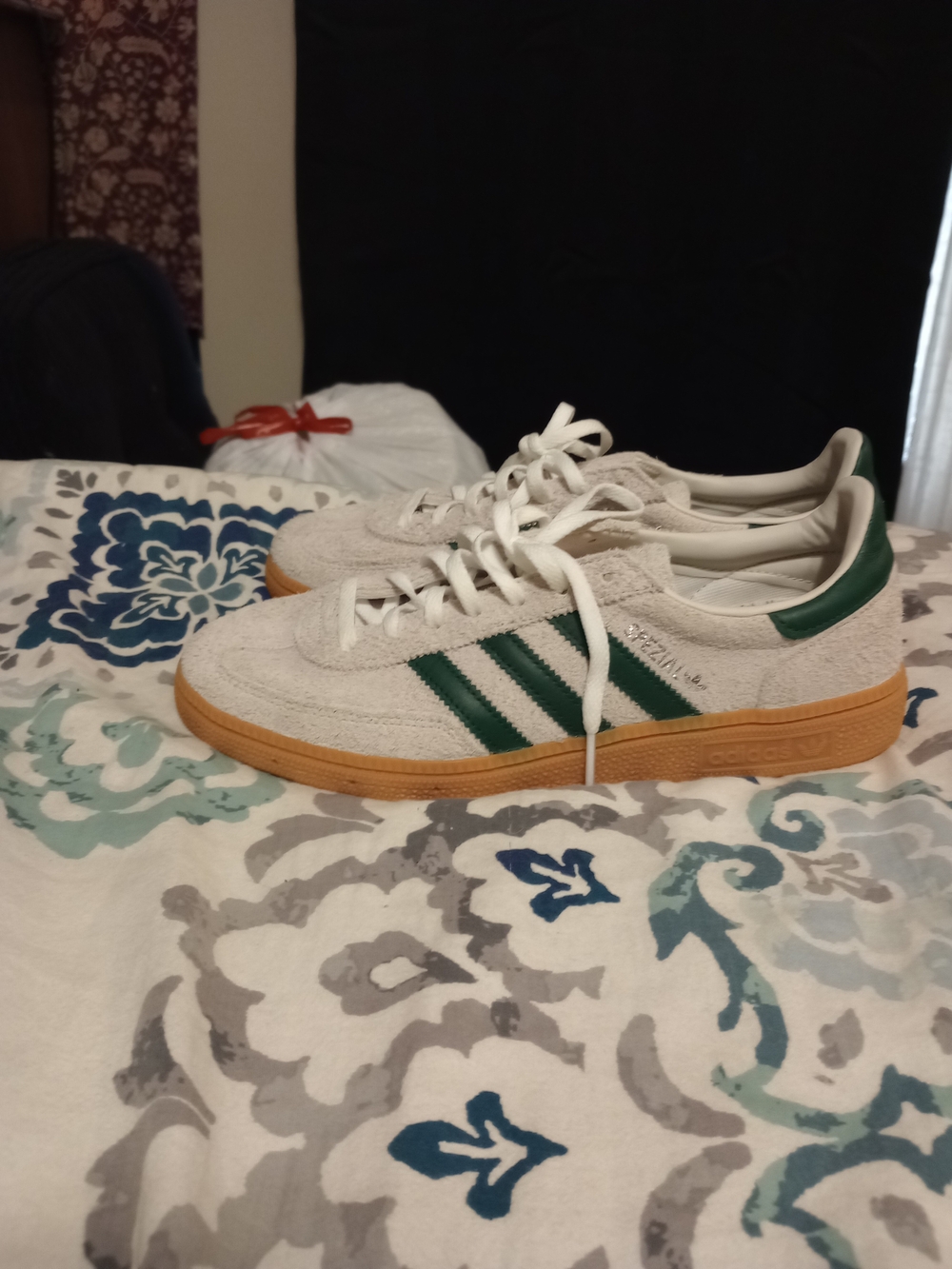 Adidas Womens White Suede Handball Spezial with Green Stripes